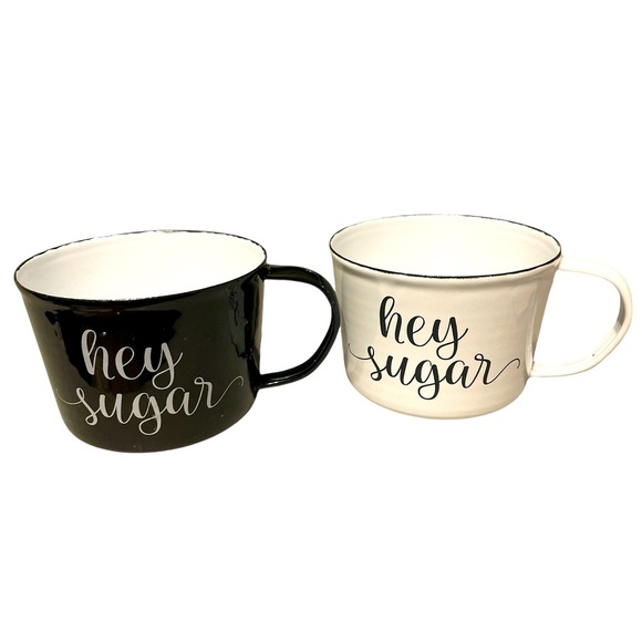 Creative Co-Op Black & White Enamel 'Hey Sugar' Coffee Cups, Set of 2 - Picture 2 of 5